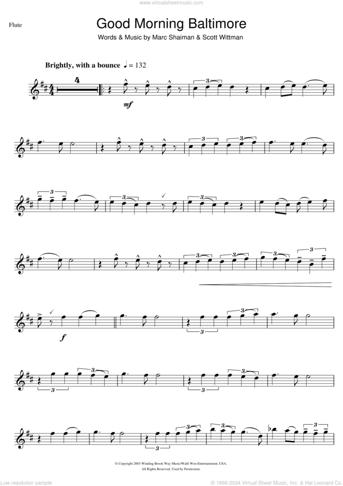 Good Morning Baltimore (from Hairspray) sheet music for flute solo by Marc Shaiman, Nikki Blonsky and Scott Wittman, intermediate skill level