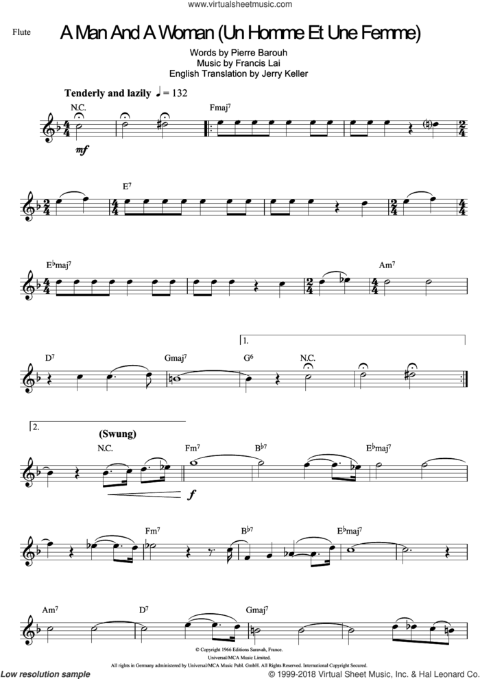 A Man And A Woman (Un Homme Et Une Femme) sheet music for flute solo by Francis Lai and Pierre Barouh, intermediate skill level