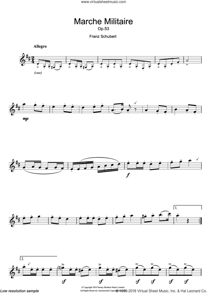 Marche Militaire sheet music for flute solo by Franz Schubert, classical score, intermediate skill level