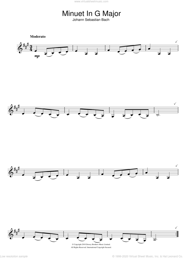 Minuet In G sheet music for clarinet solo by Johann Sebastian Bach, classical score, intermediate skill level