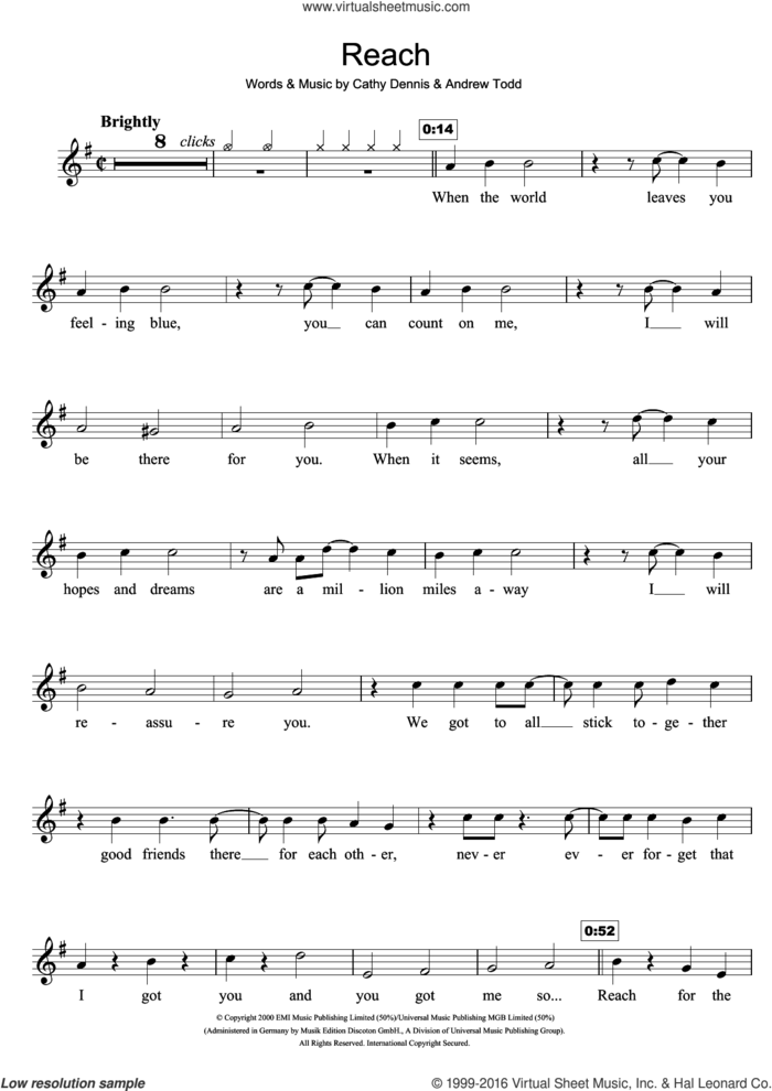 Reach sheet music for violin solo by S Club 7, Andrew Todd and Cathy Dennis, intermediate skill level