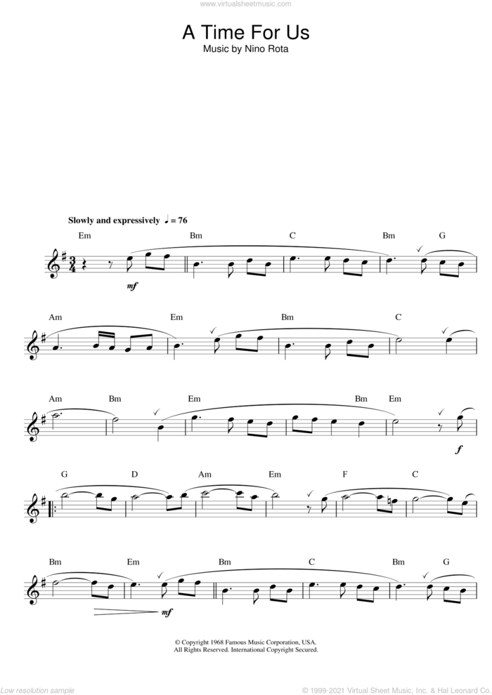 Romeo And Juliet (Love Theme) sheet music for flute solo by Nino Rota, intermediate skill level