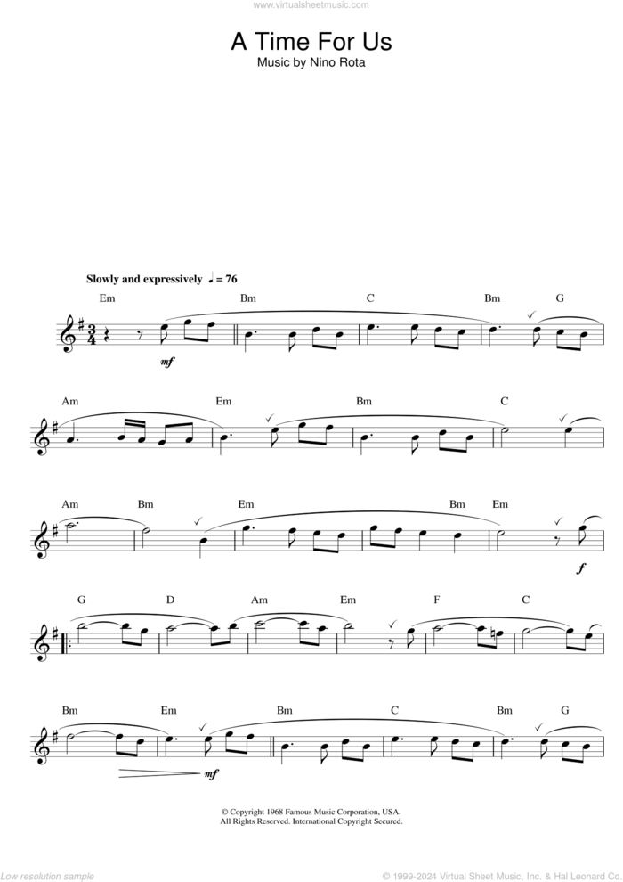 Romeo And Juliet (Love Theme) sheet music for flute solo by Nino Rota, intermediate skill level