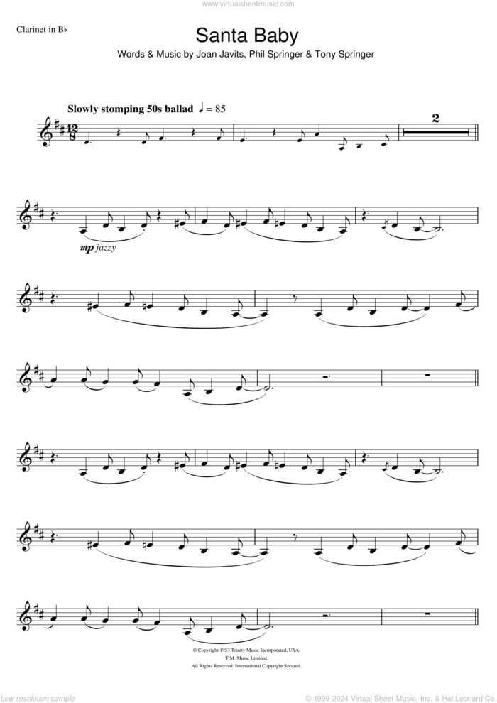 Santa Baby sheet music for clarinet solo by Eartha Kitt, Joan Javits, Phil Springer and Tony Springer, intermediate skill level