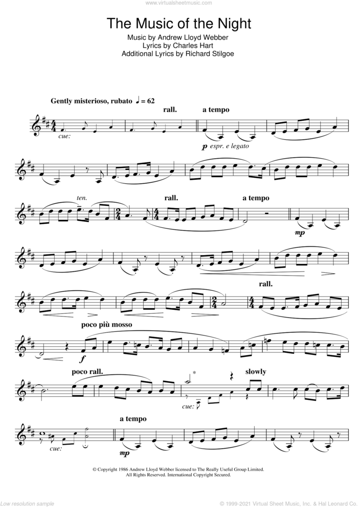 The Music Of The Night (from The Phantom Of The Opera) sheet music for clarinet solo by Andrew Lloyd Webber, Charles Hart and Richard Stilgoe, intermediate skill level