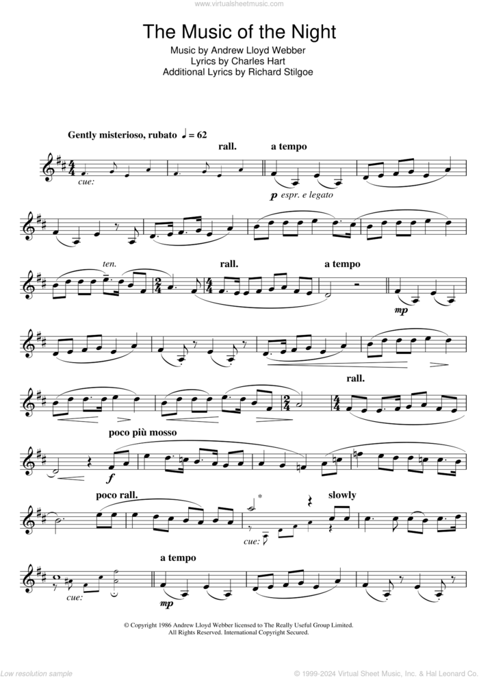 The Music Of The Night (from The Phantom Of The Opera) sheet music for clarinet solo by Andrew Lloyd Webber, Charles Hart and Richard Stilgoe, intermediate skill level