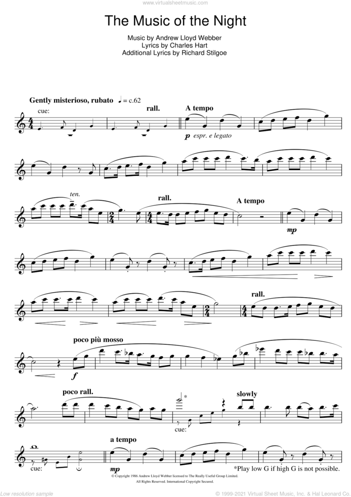 The Music Of The Night (from The Phantom Of The Opera) sheet music for flute solo by Andrew Lloyd Webber, Charles Hart and Richard Stilgoe, intermediate skill level