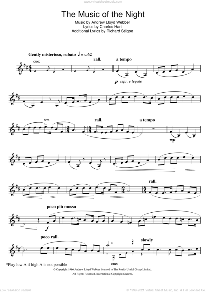 The Music Of The Night (from The Phantom Of The Opera) sheet music for trumpet solo by Andrew Lloyd Webber, Charles Hart and Richard Stilgoe, intermediate skill level