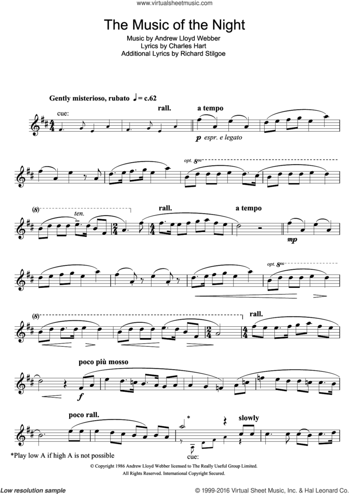 The Music Of The Night (from The Phantom Of The Opera) sheet music for tenor saxophone solo by Andrew Lloyd Webber, Charles Hart and Richard Stilgoe, intermediate skill level