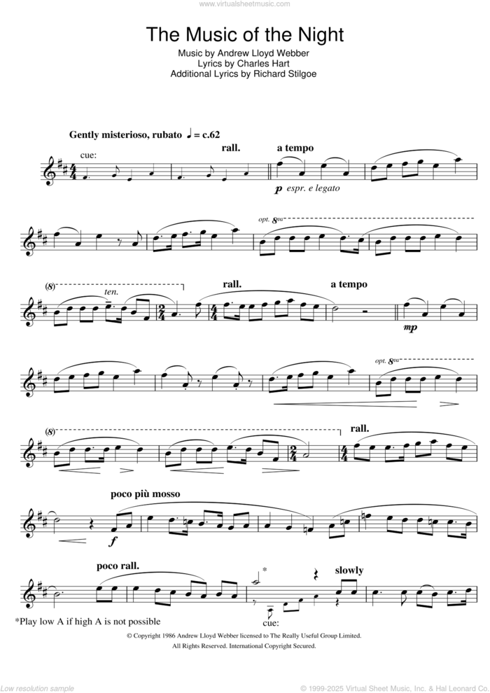 The Music Of The Night (from The Phantom Of The Opera) sheet music for tenor saxophone solo by Andrew Lloyd Webber, Charles Hart and Richard Stilgoe, intermediate skill level