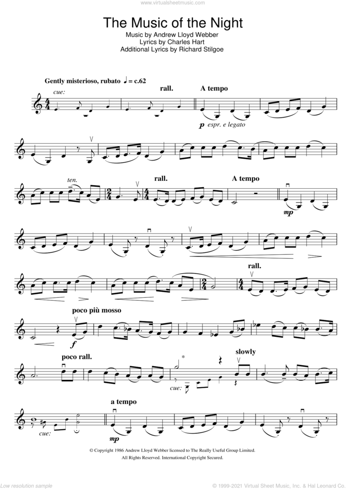 The Music Of The Night (from The Phantom Of The Opera) sheet music for violin solo by Andrew Lloyd Webber, Charles Hart and Richard Stilgoe, intermediate skill level