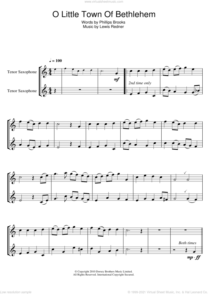 O Little Town Of Bethlehem sheet music for tenor saxophone solo by Lewis Redner, Miscellaneous and Phillips Brooks, intermediate skill level