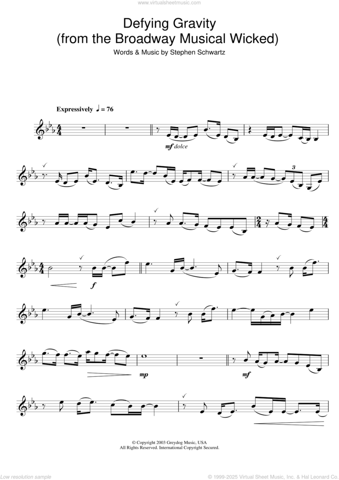 Defying Gravity (from Wicked) sheet music for trumpet solo by Glee Cast and Stephen Schwartz, intermediate skill level