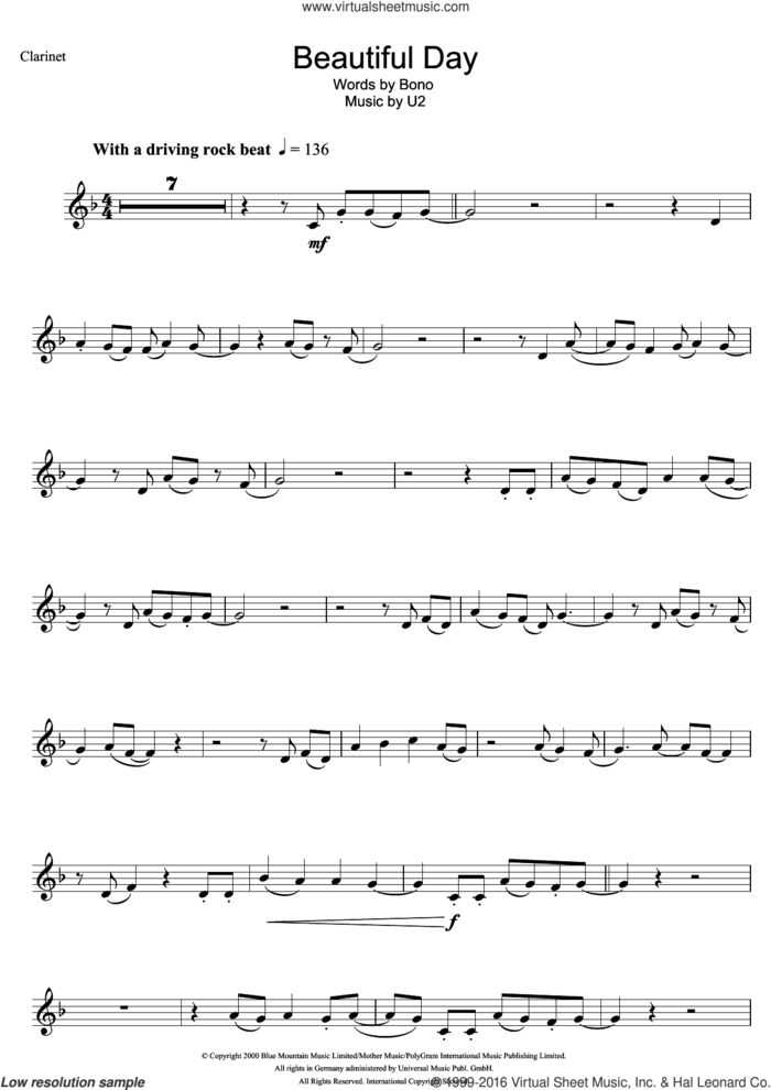 Beautiful Day sheet music for clarinet solo by U2 and Bono, intermediate skill level