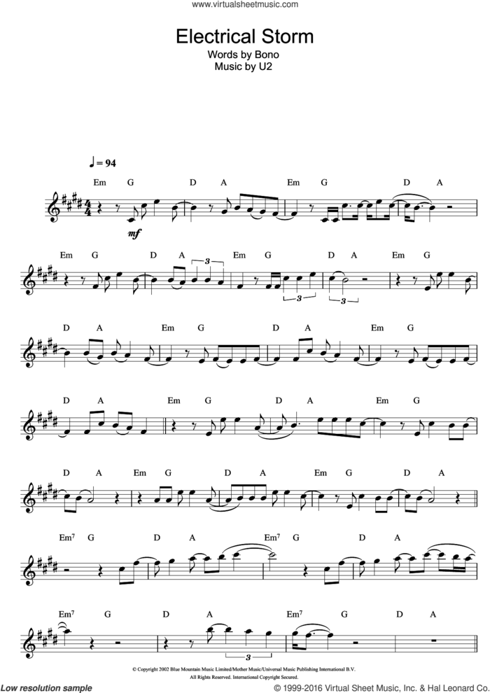Electrical Storm sheet music for clarinet solo by U2 and Bono, intermediate skill level