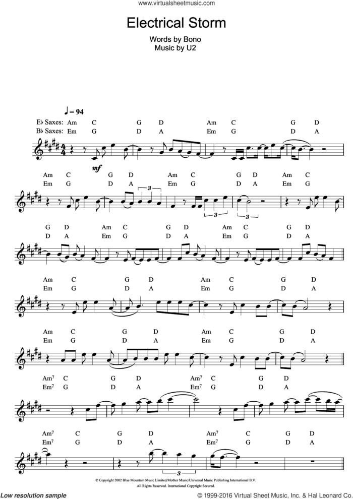 Electrical Storm sheet music for saxophone solo by U2 and Bono, intermediate skill level