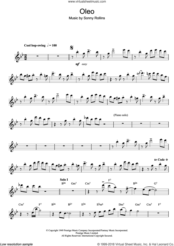 Oleo sheet music for flute solo by Sonny Rollins, intermediate skill level