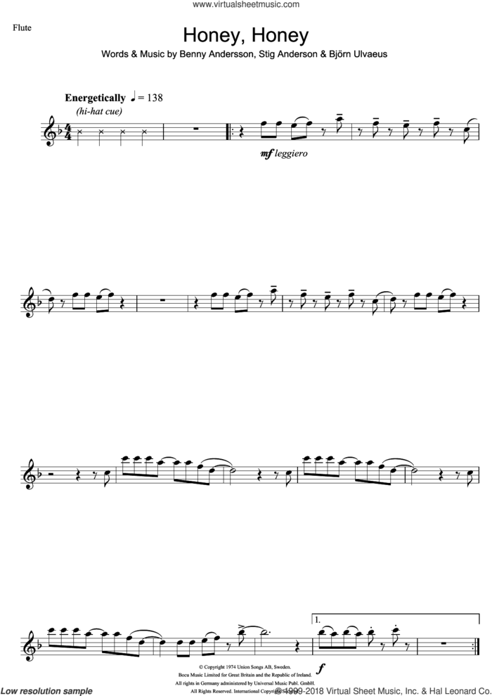 Honey, Honey sheet music for flute solo by ABBA, Benny Andersson, Bjorn Ulvaeus and Stig Anderson, intermediate skill level