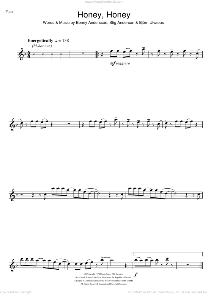 Honey, Honey sheet music for flute solo by ABBA, Benny Andersson, Bjorn Ulvaeus and Stig Anderson, intermediate skill level