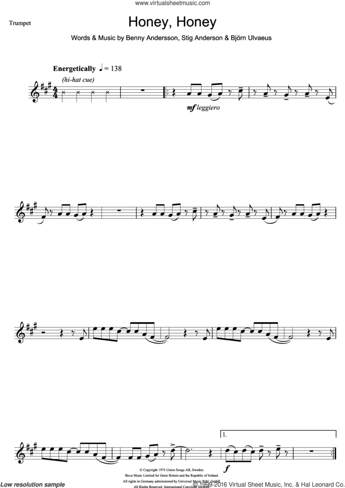 Honey, Honey sheet music for trumpet solo by ABBA, Benny Andersson, Bjorn Ulvaeus and Stig Anderson, intermediate skill level