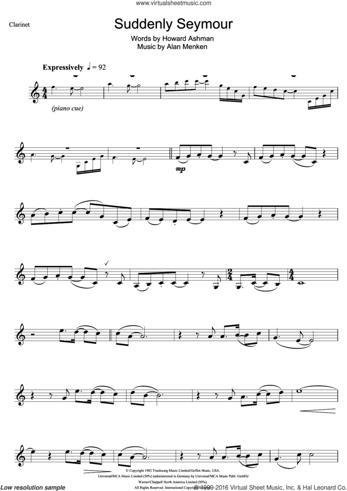 Suddenly Seymour (from Little Shop of Horrors) sheet music for clarinet solo by Alan Menken and Howard Ashman, intermediate skill level