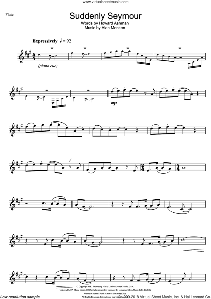 Suddenly Seymour (from Little Shop of Horrors) sheet music for flute solo by Alan Menken and Howard Ashman, intermediate skill level