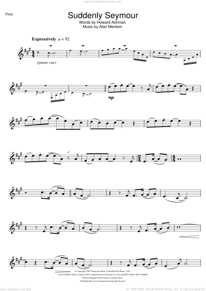 Suddenly Seymour (from Little Shop of Horrors) sheet music for flute solo by Alan Menken and Howard Ashman, intermediate skill level