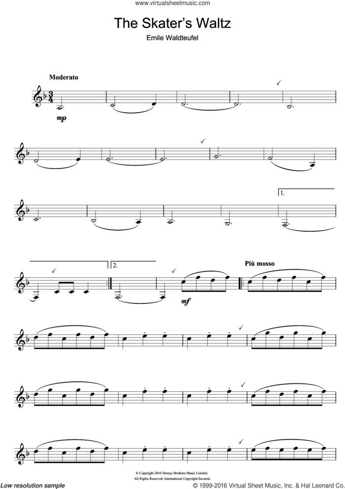 The Skater's Waltz sheet music for clarinet solo by Emile Waldteufel, classical score, intermediate skill level