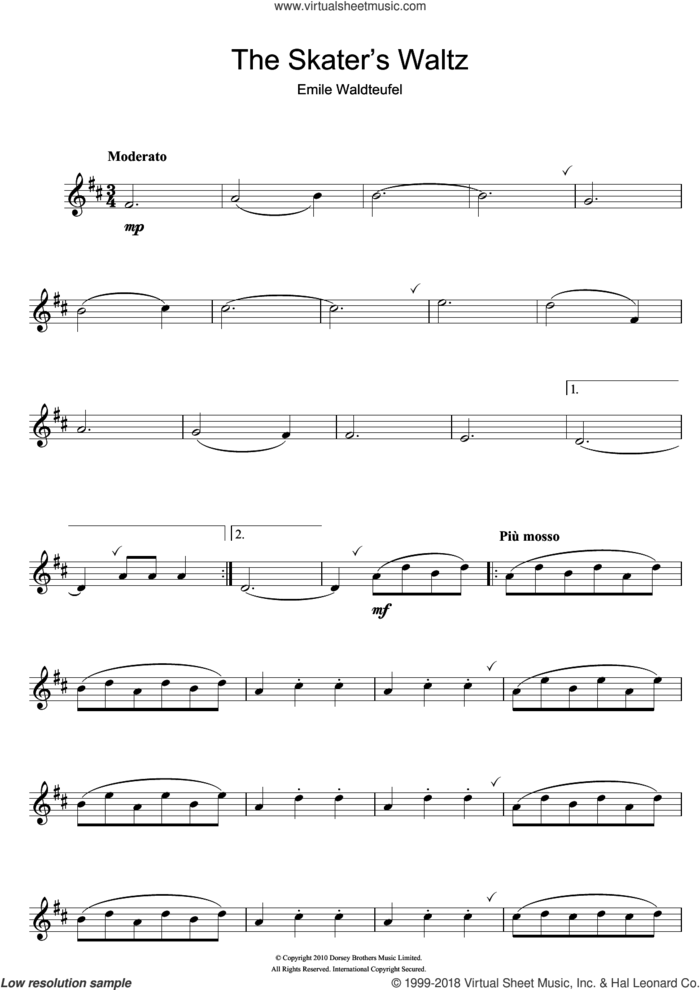 The Skater's Waltz sheet music for flute solo by Emile Waldteufel, classical score, intermediate skill level