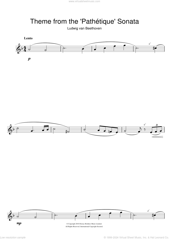 Theme from Pathetique Sonata sheet music for flute solo by Ludwig van Beethoven, classical score, intermediate skill level