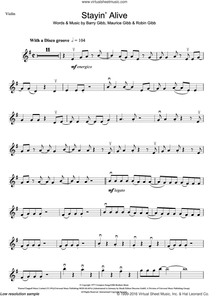 Stayin' Alive sheet music for violin solo by Bee Gees, Barry Gibb, Maurice Gibb and Robin Gibb, intermediate skill level