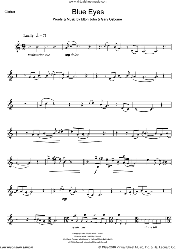 Blue Eyes sheet music for clarinet solo by Elton John and Gary Osborne, intermediate skill level
