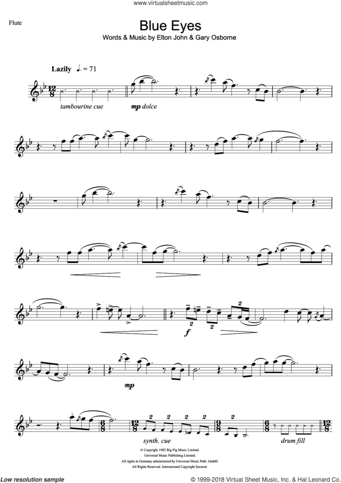 Blue Eyes sheet music for flute solo by Elton John and Gary Osborne, intermediate skill level
