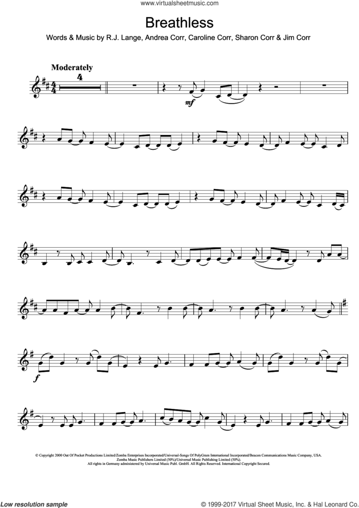 Breathless sheet music for clarinet solo by The Corrs, Andrea Corr, Caroline Corr, Jim Corr, Robert John Lange and Sharon Corr, intermediate skill level