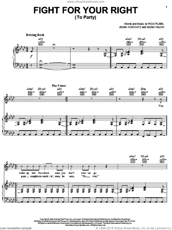 Fight For Your Right (To Party) sheet music for voice, piano or guitar by Beastie Boys, Adam Horovitz, Adam Yauch and Rick Rubin, intermediate skill level