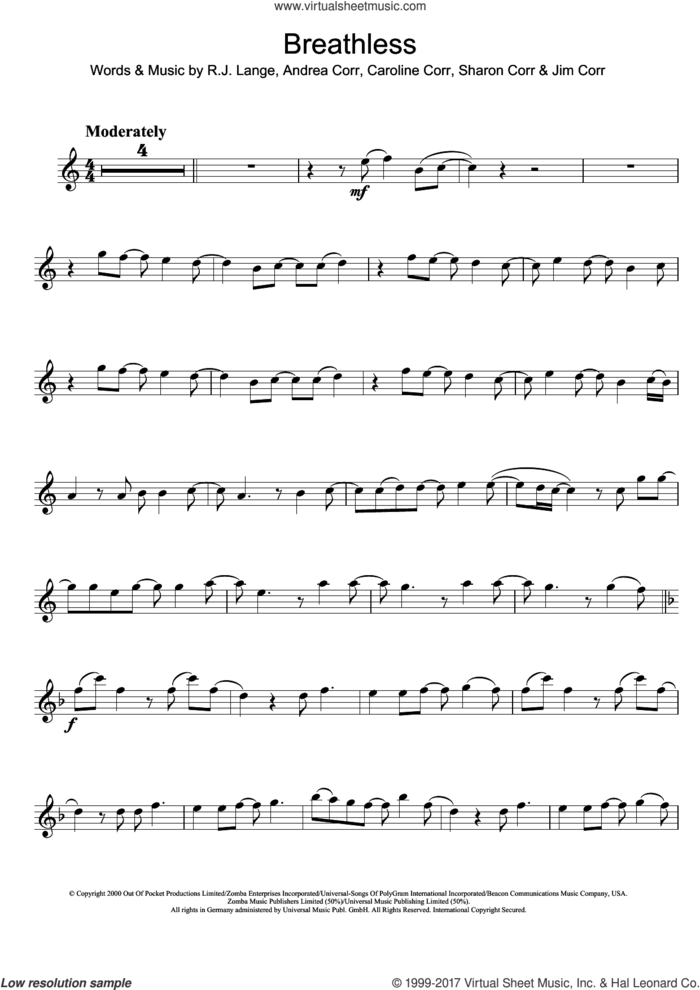 Breathless sheet music for flute solo by The Corrs, Andrea Corr, Caroline Corr, Jim Corr, Robert John Lange and Sharon Corr, intermediate skill level