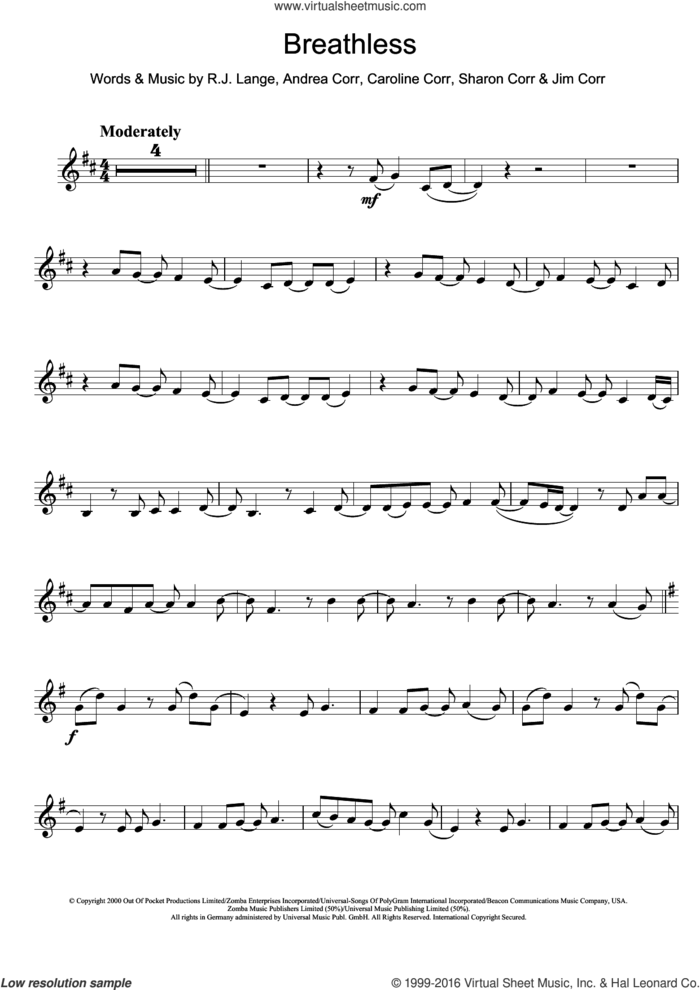 Breathless sheet music for trumpet solo by The Corrs, Andrea Corr, Caroline Corr, Jim Corr, Robert John Lange and Sharon Corr, intermediate skill level