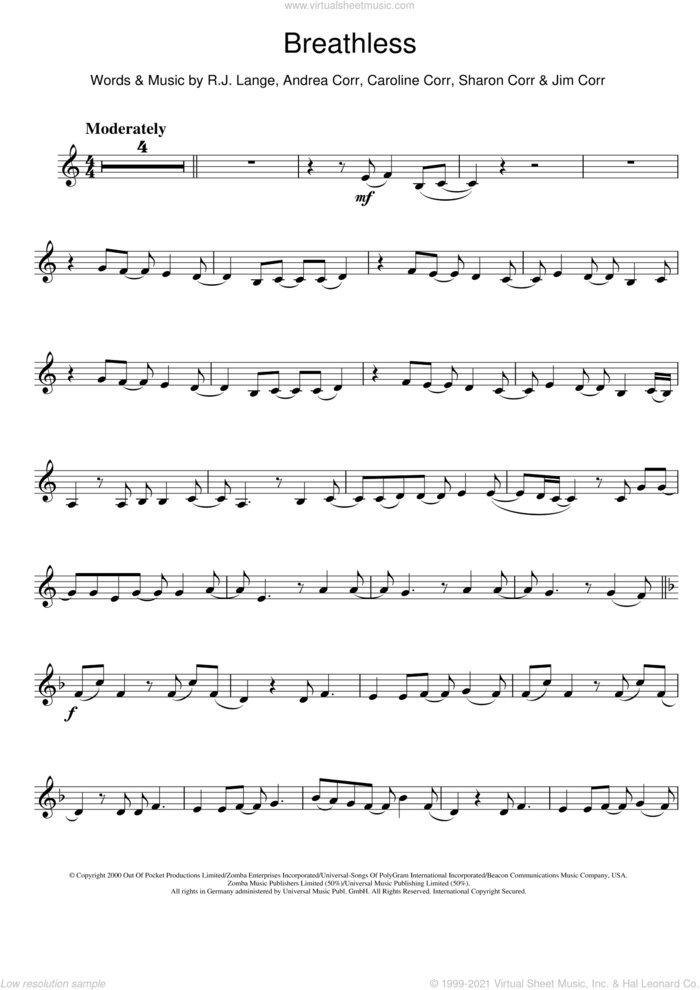 Breathless sheet music for violin solo by The Corrs, Andrea Corr, Caroline Corr, Jim Corr, Robert John Lange and Sharon Corr, intermediate skill level