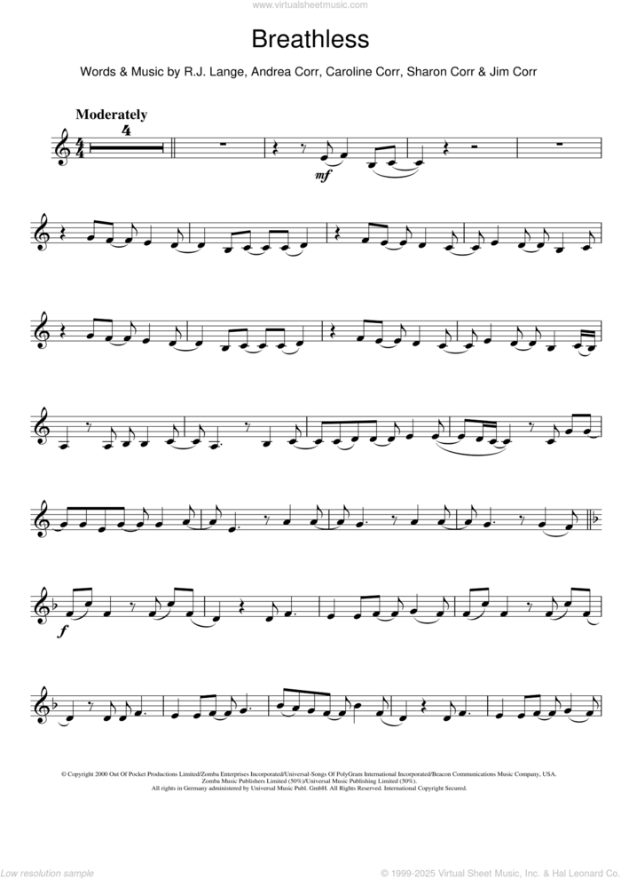 Breathless sheet music for violin solo by The Corrs, Andrea Corr, Caroline Corr, Jim Corr, Robert John Lange and Sharon Corr, intermediate skill level