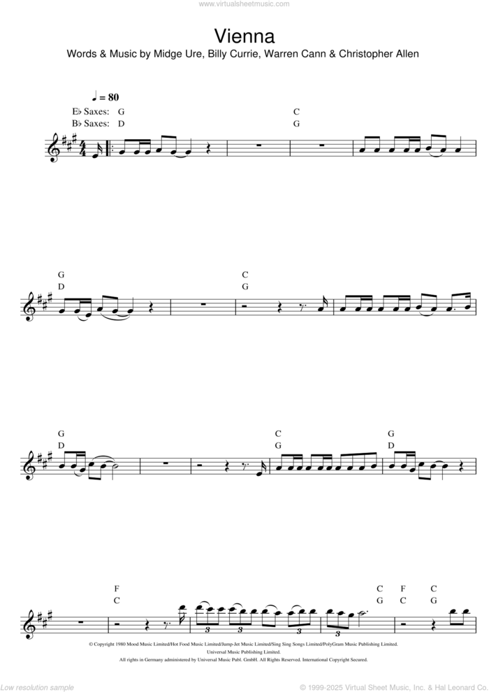 Vienna sheet music for saxophone solo by Ultravox, Billy Currie, Christopher Allen, Midge Ure and Warren Cann, intermediate skill level