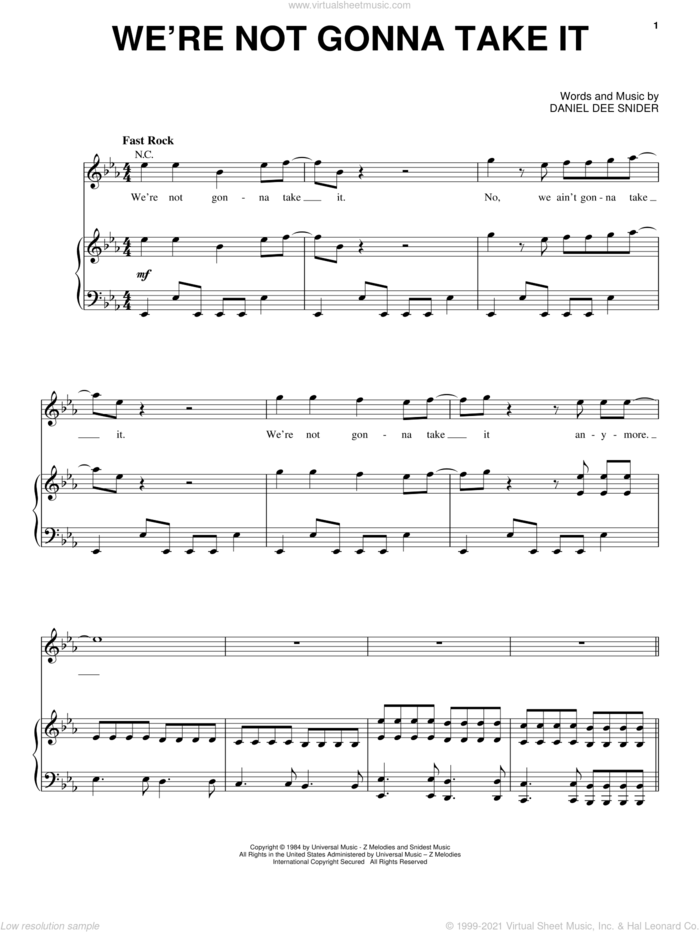 We're Not Gonna Take It sheet music for voice, piano or guitar by Twisted Sister, Rock Of Ages (Musical) and Dee Snider, intermediate skill level