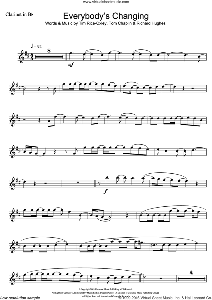 Everybody's Changing sheet music for clarinet solo by Tim Rice-Oxley, Richard Hughes and Tom Chaplin, intermediate skill level