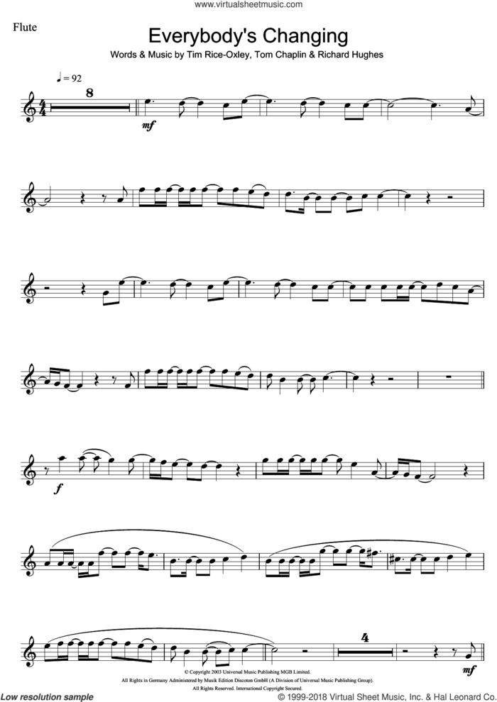 Everybody's Changing sheet music for flute solo by Tim Rice-Oxley, Richard Hughes and Tom Chaplin, intermediate skill level