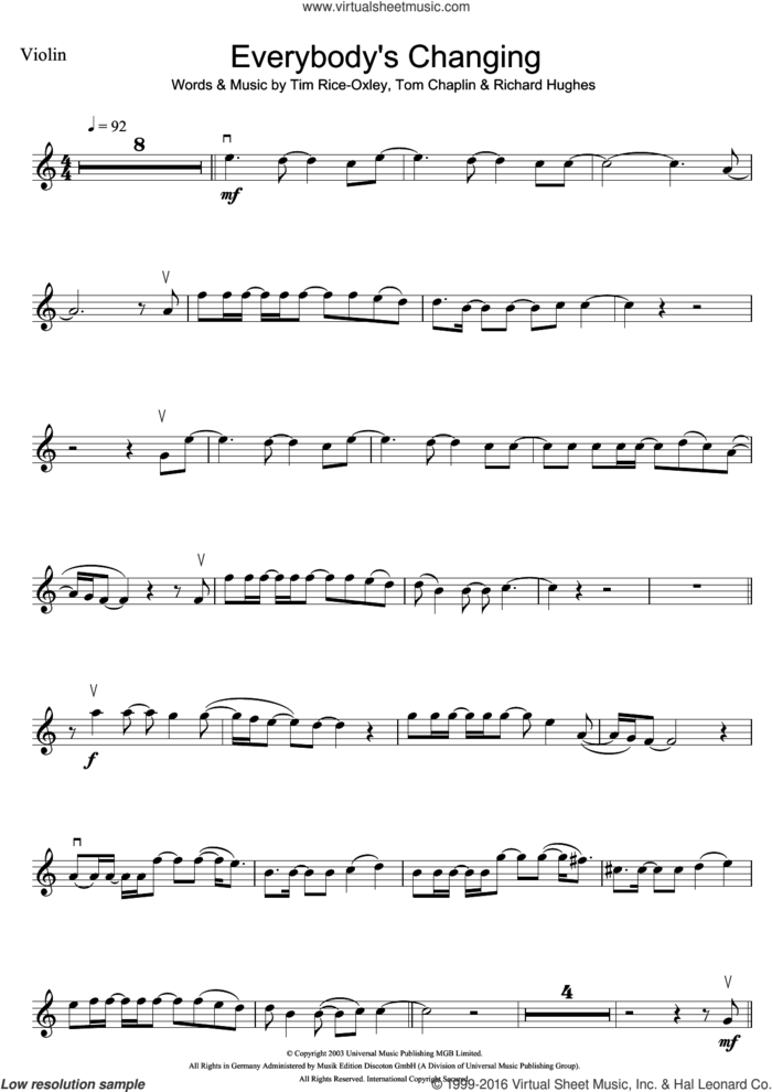 Everybody's Changing sheet music for violin solo by Tim Rice-Oxley, Richard Hughes and Tom Chaplin, intermediate skill level