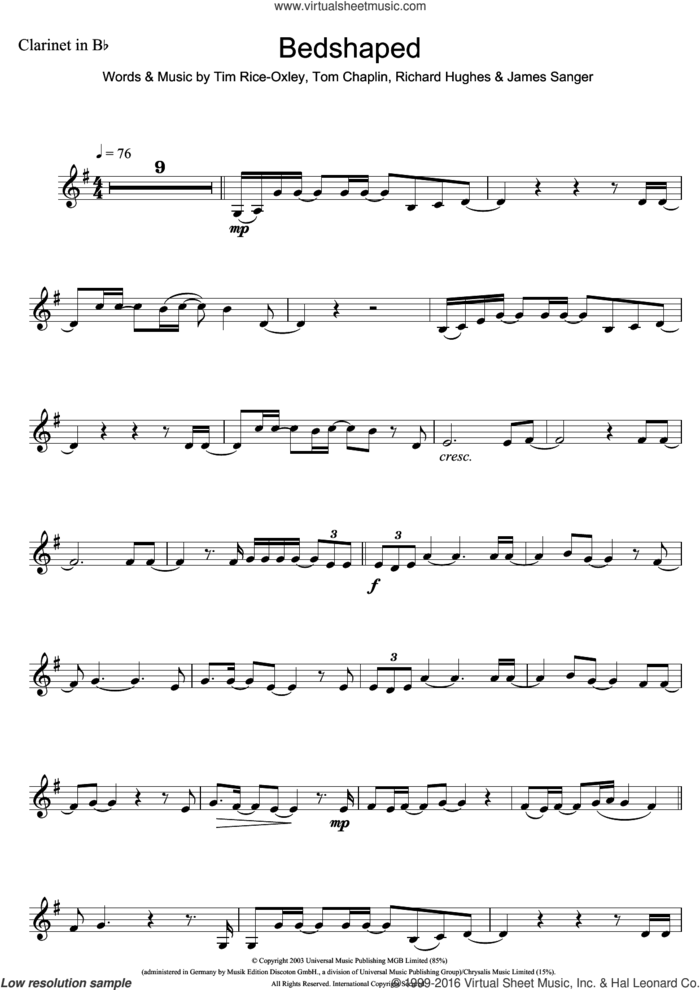 Bedshaped sheet music for clarinet solo by Tim Rice-Oxley, James Sanger, Richard Hughes and Tom Chaplin, intermediate skill level