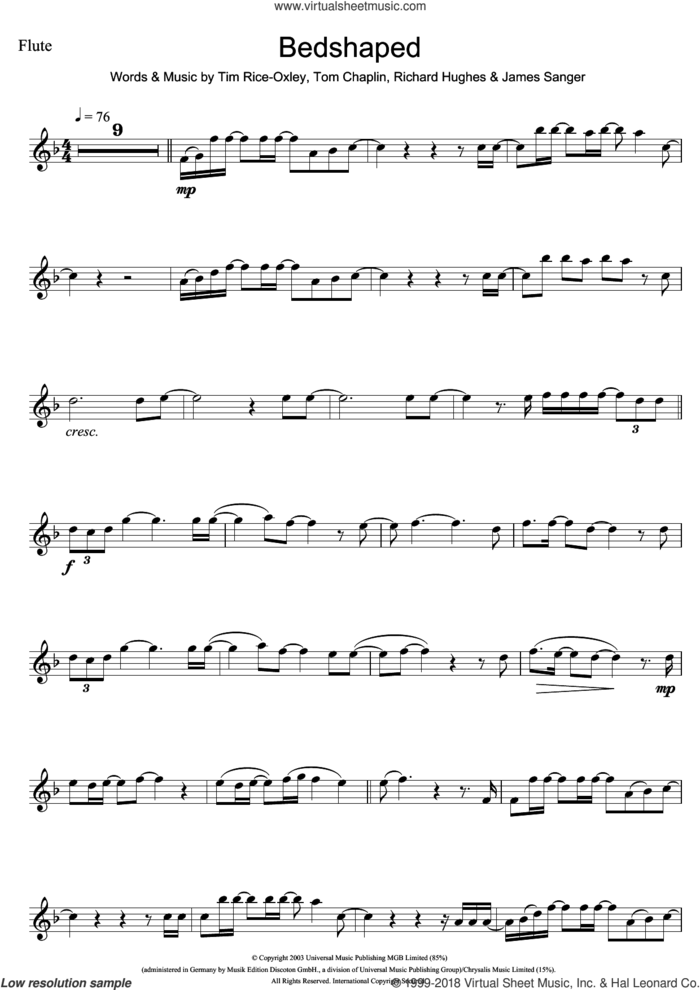 Bedshaped sheet music for flute solo by Tim Rice-Oxley, James Sanger, Richard Hughes and Tom Chaplin, intermediate skill level
