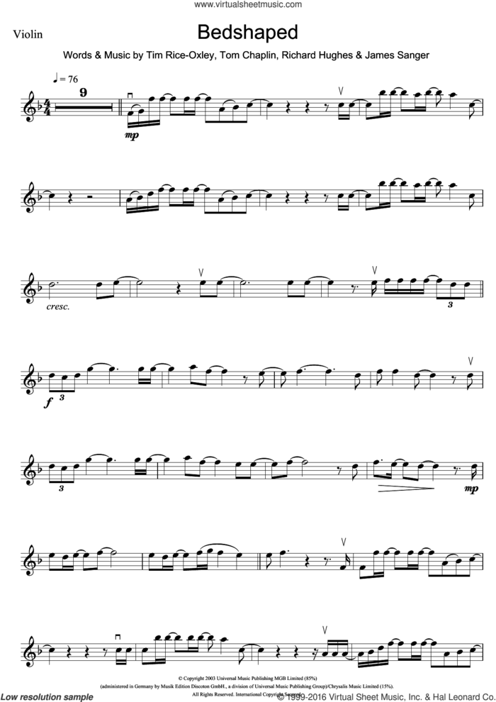 Bedshaped sheet music for violin solo by Tim Rice-Oxley, James Sanger, Richard Hughes and Tom Chaplin, intermediate skill level