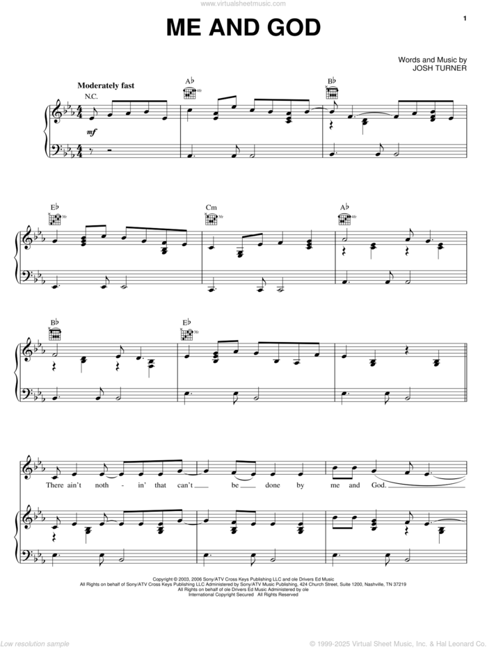 Me And God sheet music for voice, piano or guitar by Josh Turner, intermediate skill level