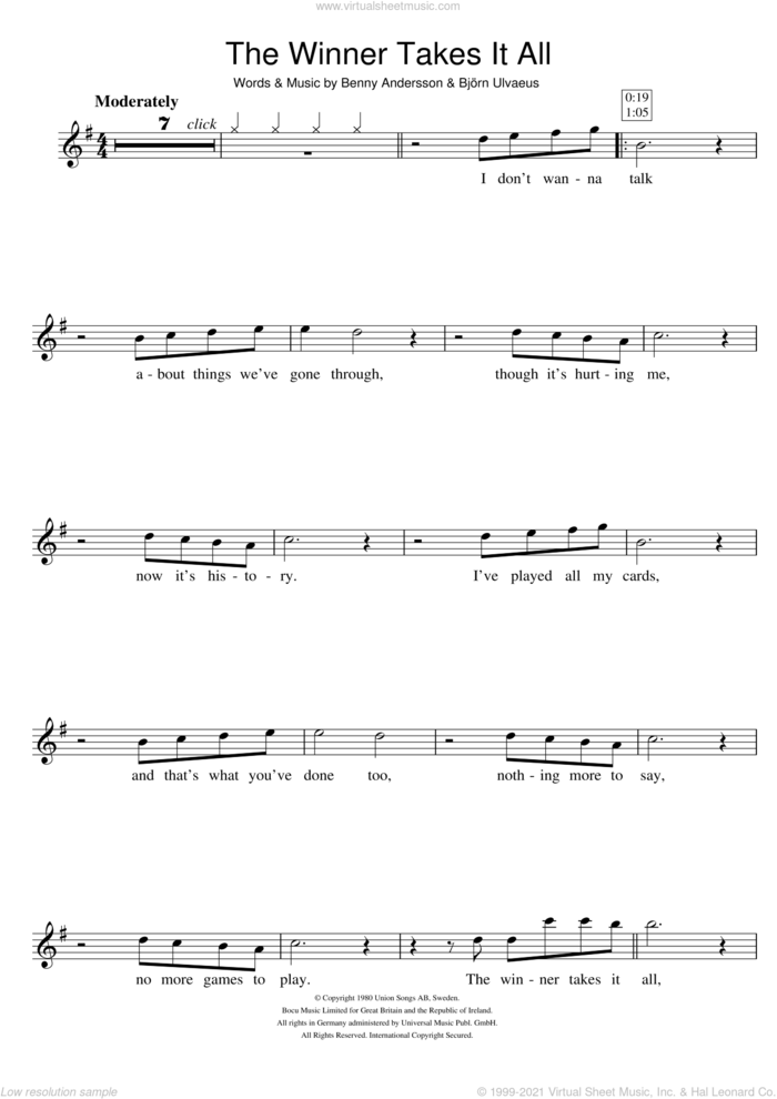 The Winner Takes It All sheet music for flute solo by ABBA, Benny Andersson and Bjorn Ulvaeus, intermediate skill level