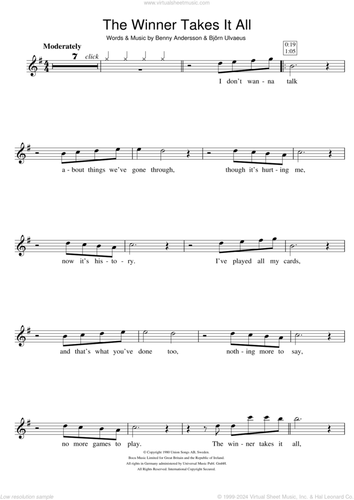 The Winner Takes It All sheet music for flute solo by ABBA, Benny Andersson and Bjorn Ulvaeus, intermediate skill level